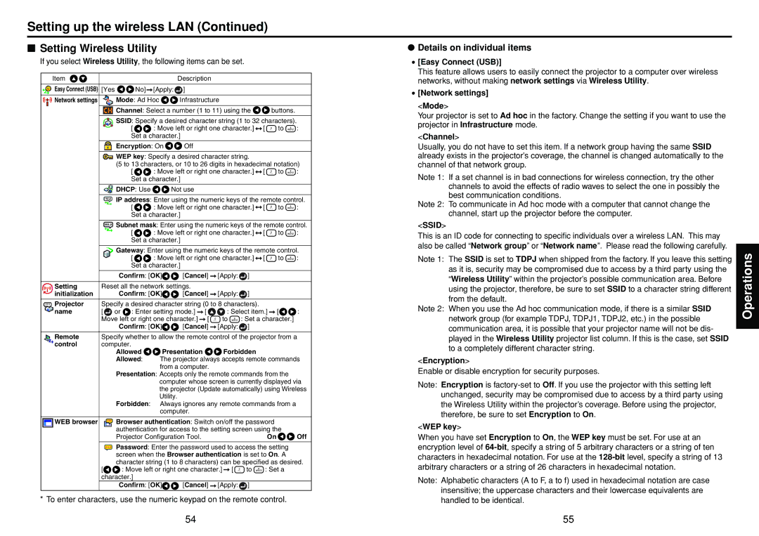 Toshiba TDP-TW300 owner manual Setting Wireless Utility, Details on individual items 