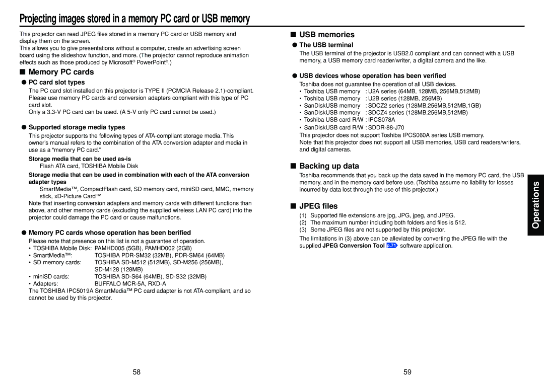 Toshiba TDP-TW300 owner manual Memory PC cards, USB memories, Backing up data, Jpeg files 