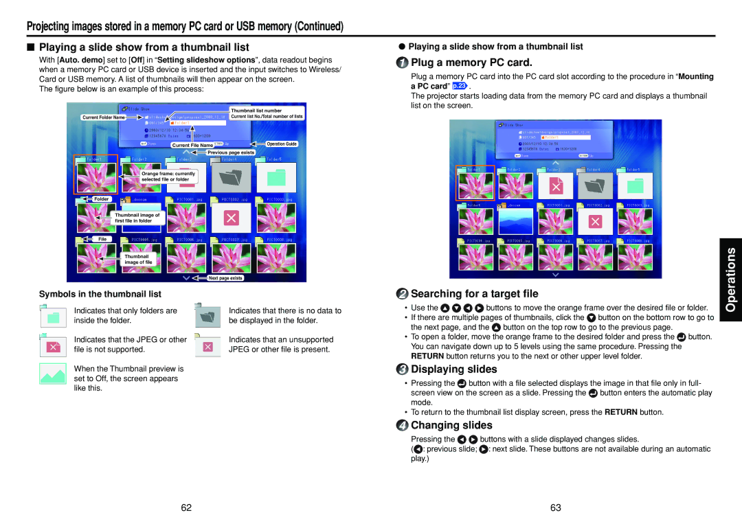 Toshiba TDP-TW300 Playing a slide show from a thumbnail list, Plug a memory PC card, Searching for a target file 