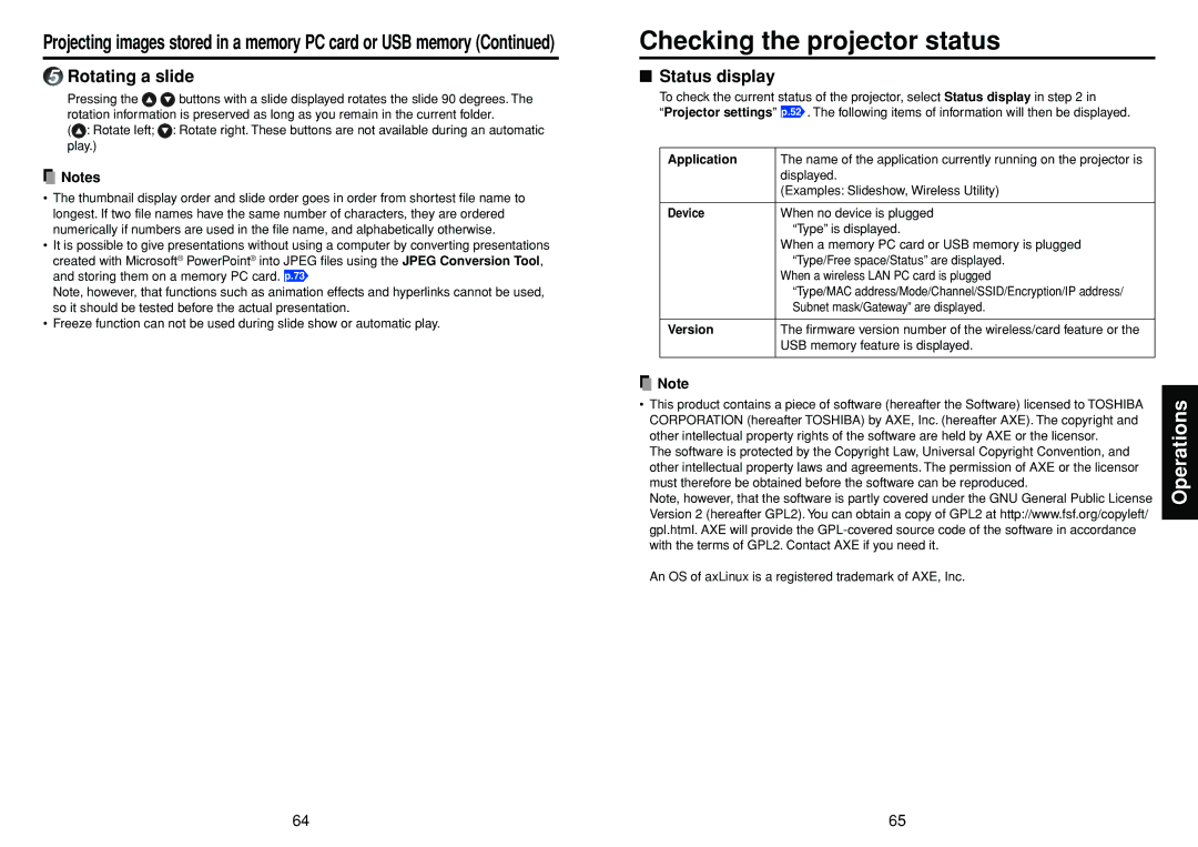 Toshiba TDP-TW300 owner manual Checking the projector status, Rotating a slide, Status display, Application, Version 