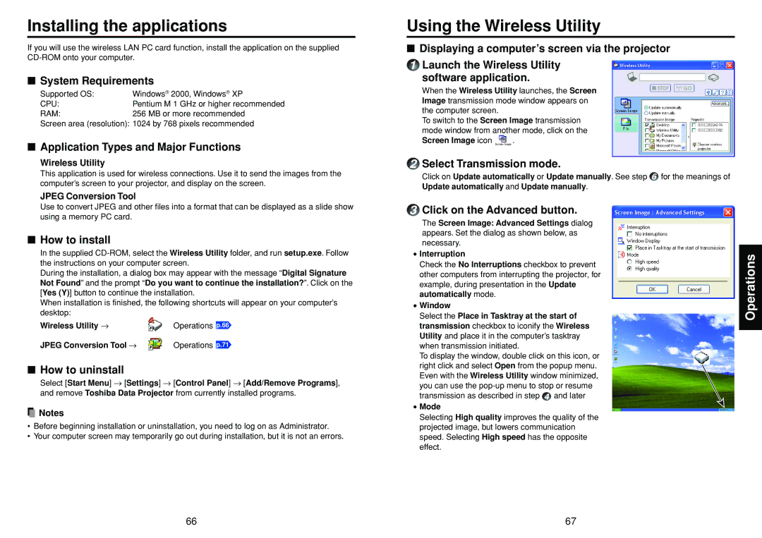 Toshiba TDP-TW300 owner manual Installing the applications, Using the Wireless Utility 