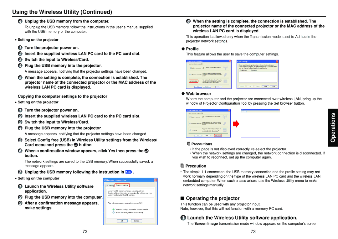 Toshiba TDP-TW300 owner manual Operating the projector, Unplug the USB memory from the computer, Profile, Web browser 