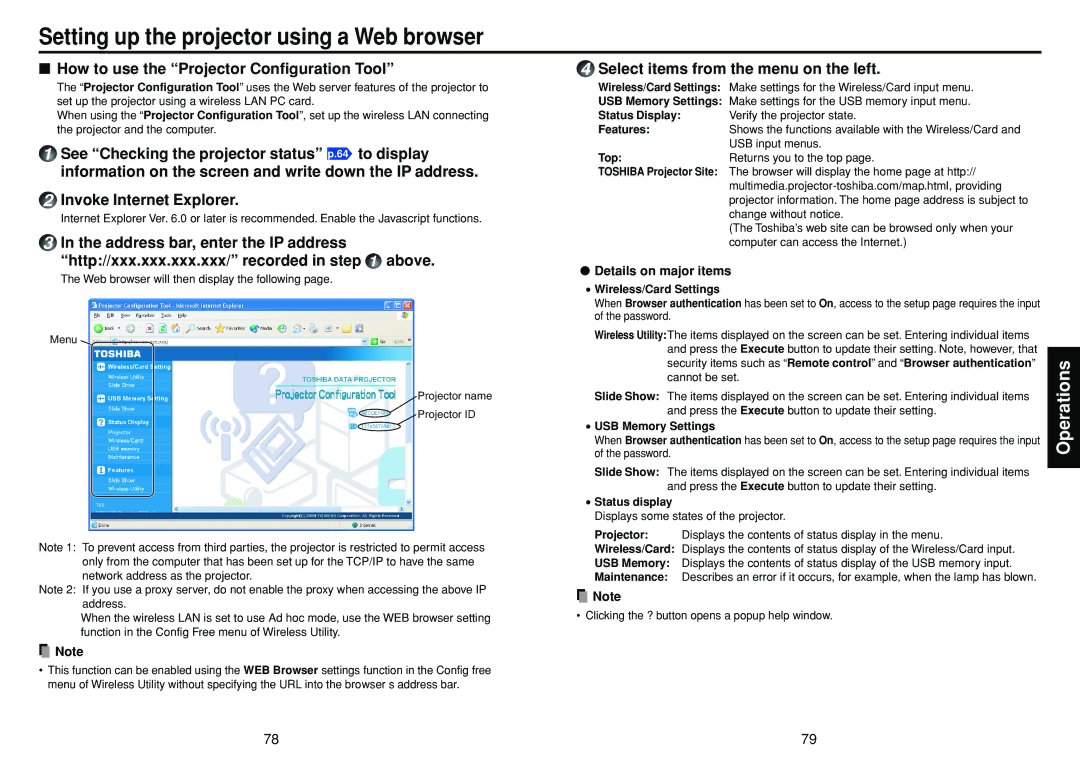 Toshiba TDP-TW300 owner manual How to use the Projector Configuration Tool, Select items from the menu on the left 