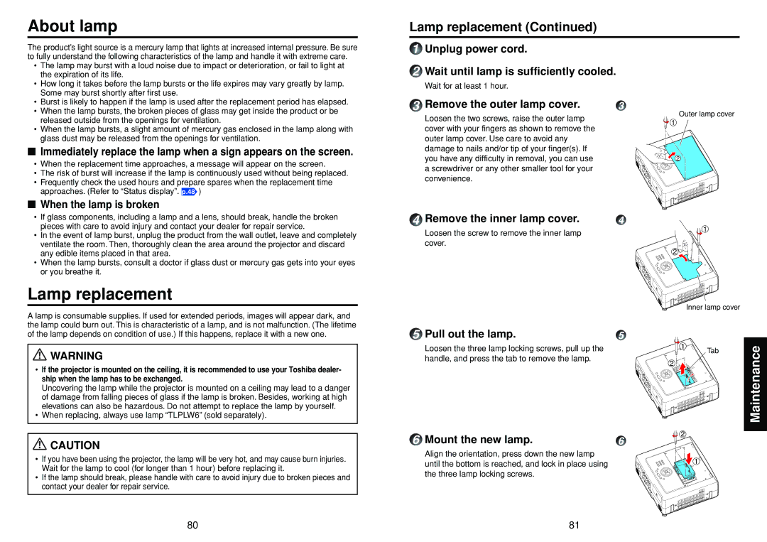 Toshiba TDP-TW300 owner manual About lamp, Lamp replacement, Unplug power cord Wait until lamp is sufficiently cooled 