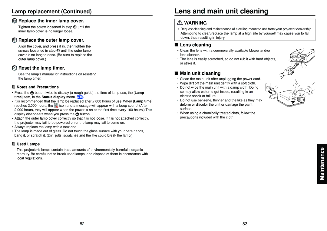 Toshiba TDP-TW300 owner manual Lens and main unit cleaning 