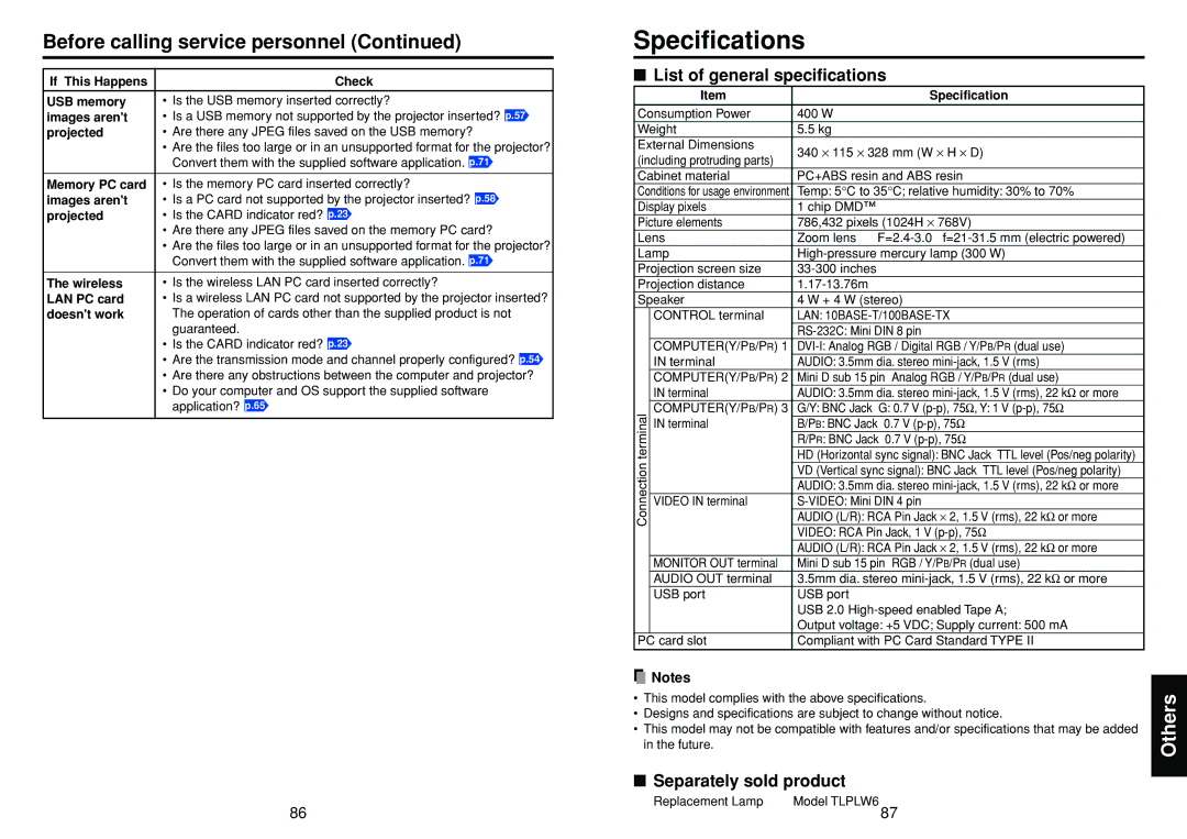 Toshiba TDP-TW300 owner manual Specifications, Before calling service personnel, List of general specifications 