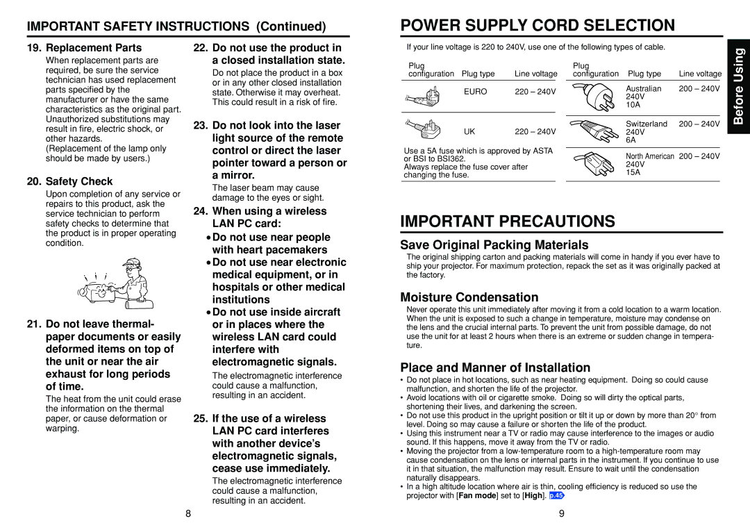 Toshiba TDP-TW300 owner manual Save Original Packing Materials, Moisture Condensation, Place and Manner of Installation 