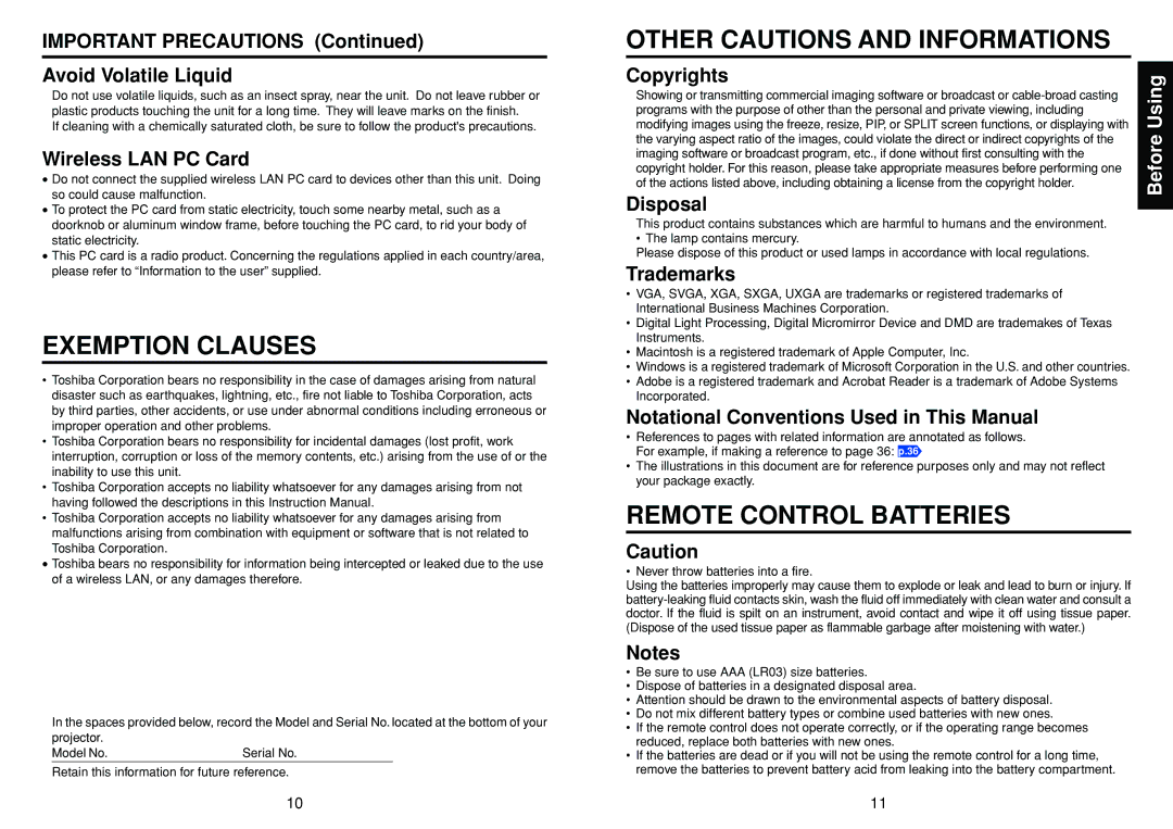 Toshiba TDP-TW300 Important Precautions Avoid Volatile Liquid, Wireless LAN PC Card, Copyrights, Disposal, Trademarks 