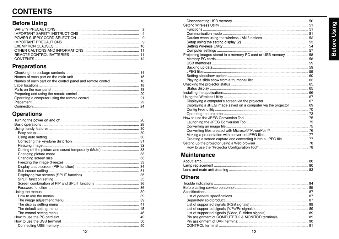 Toshiba TDP-TW300 owner manual Contents 