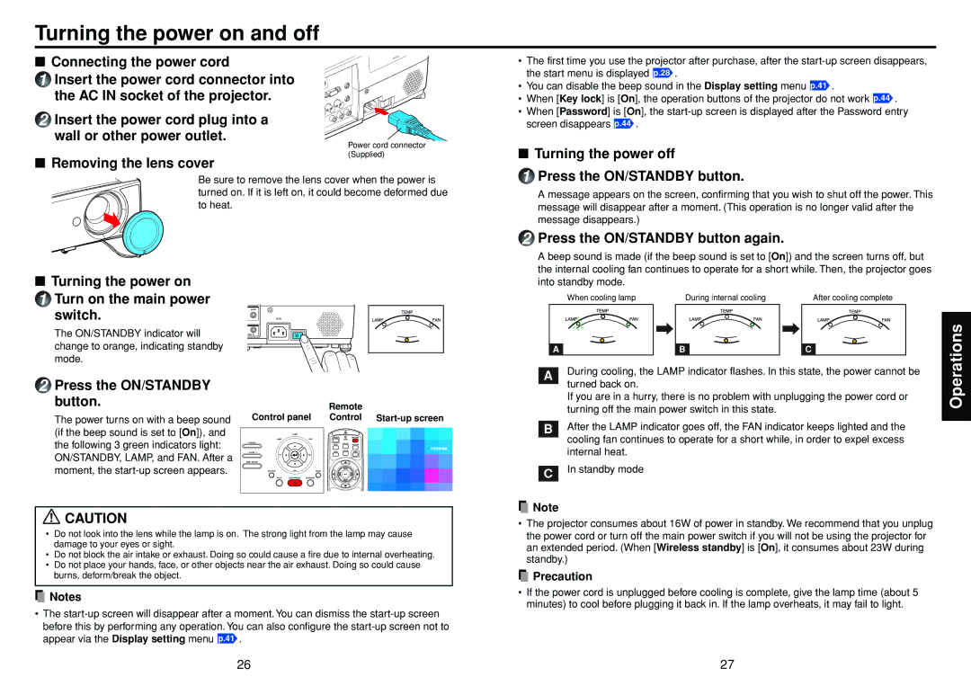 Toshiba TDP-TW355 owner manual Turning the power on and off 