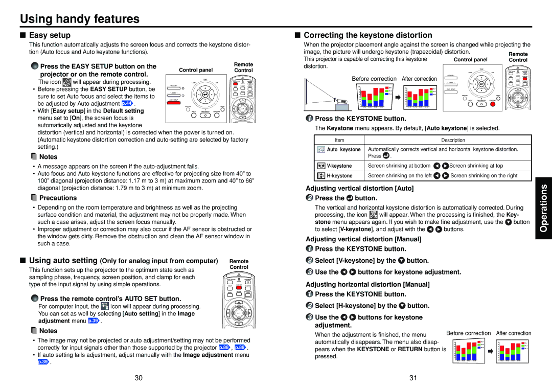 Toshiba TDP-TW355 owner manual Using handy features, Easy setup, Correcting the keystone distortion 