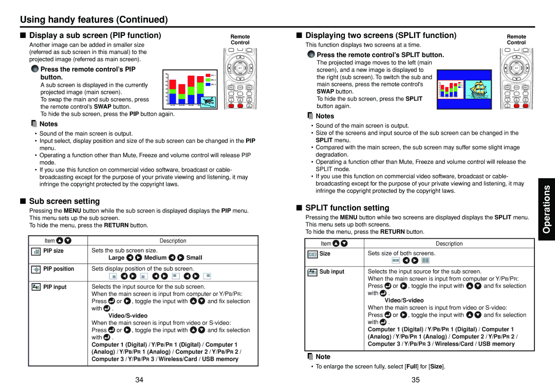 Toshiba TDP-TW355 owner manual Display a sub screen PIP function, Displaying two screens Split function, Sub screen setting 