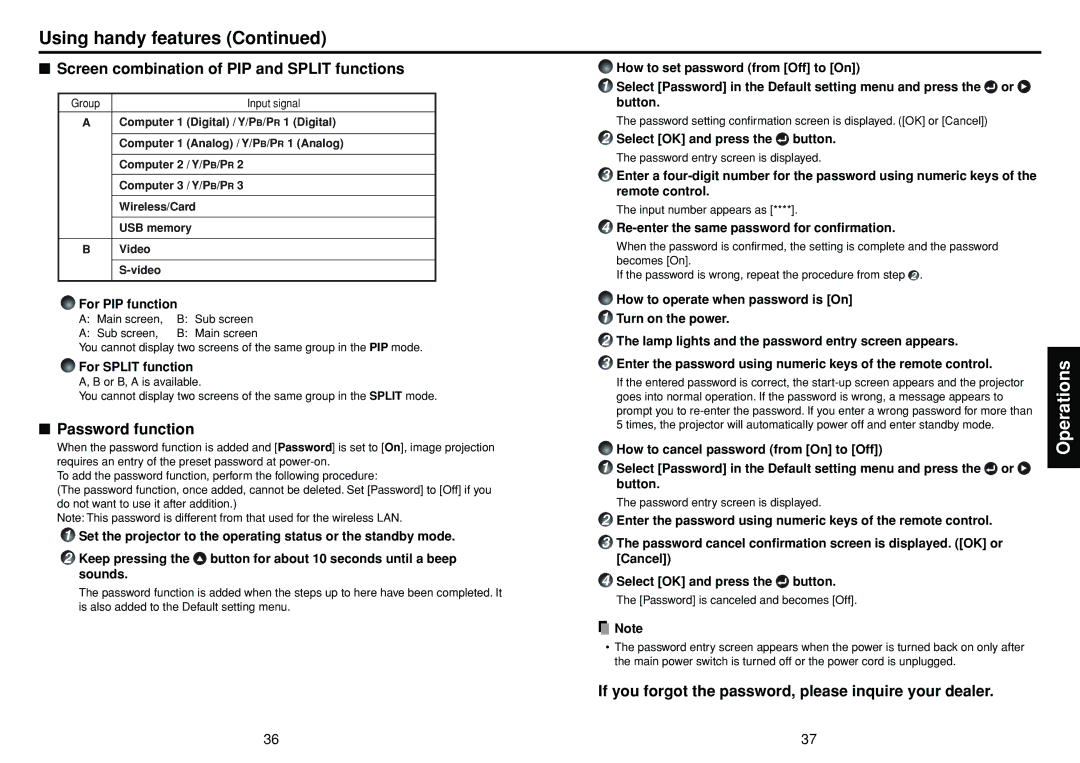 Toshiba TDP-TW355 owner manual Screen combination of PIP and Split functions, Password function 