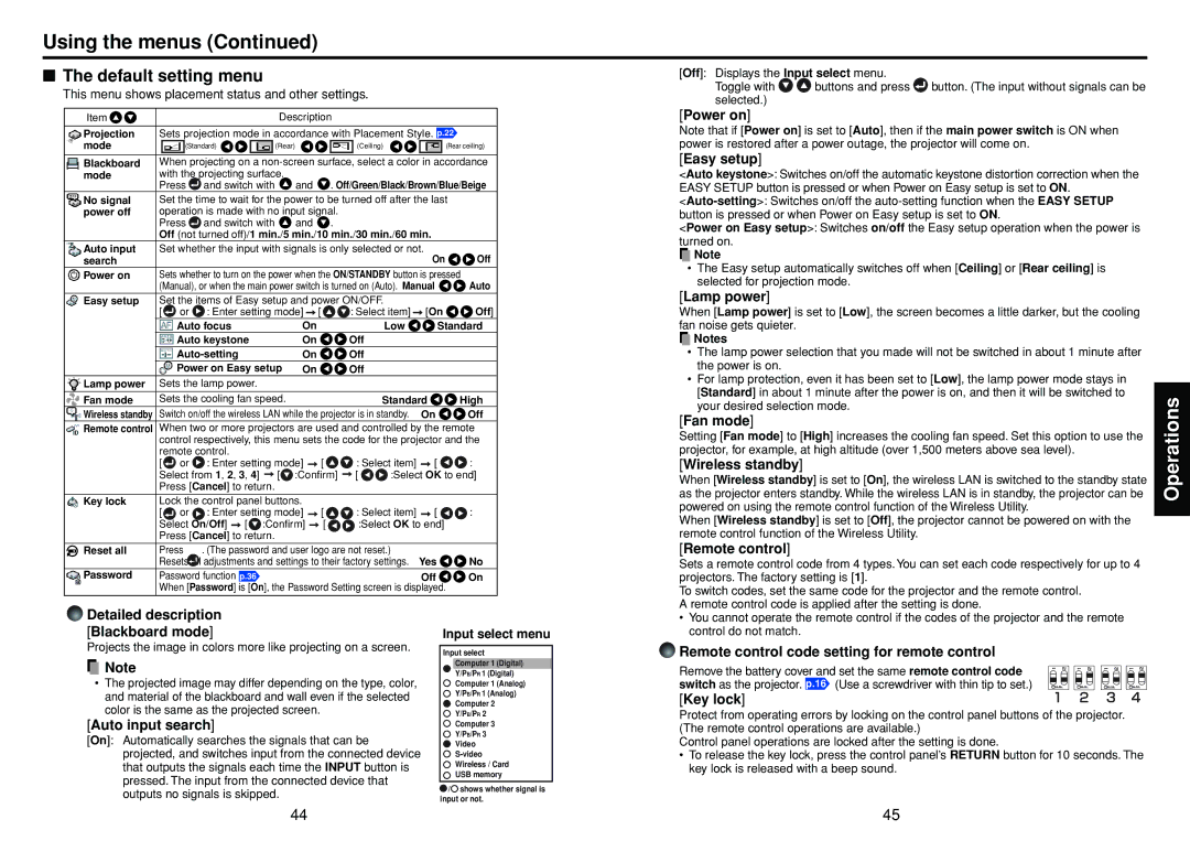 Toshiba TDP-TW355 owner manual Default setting menu 