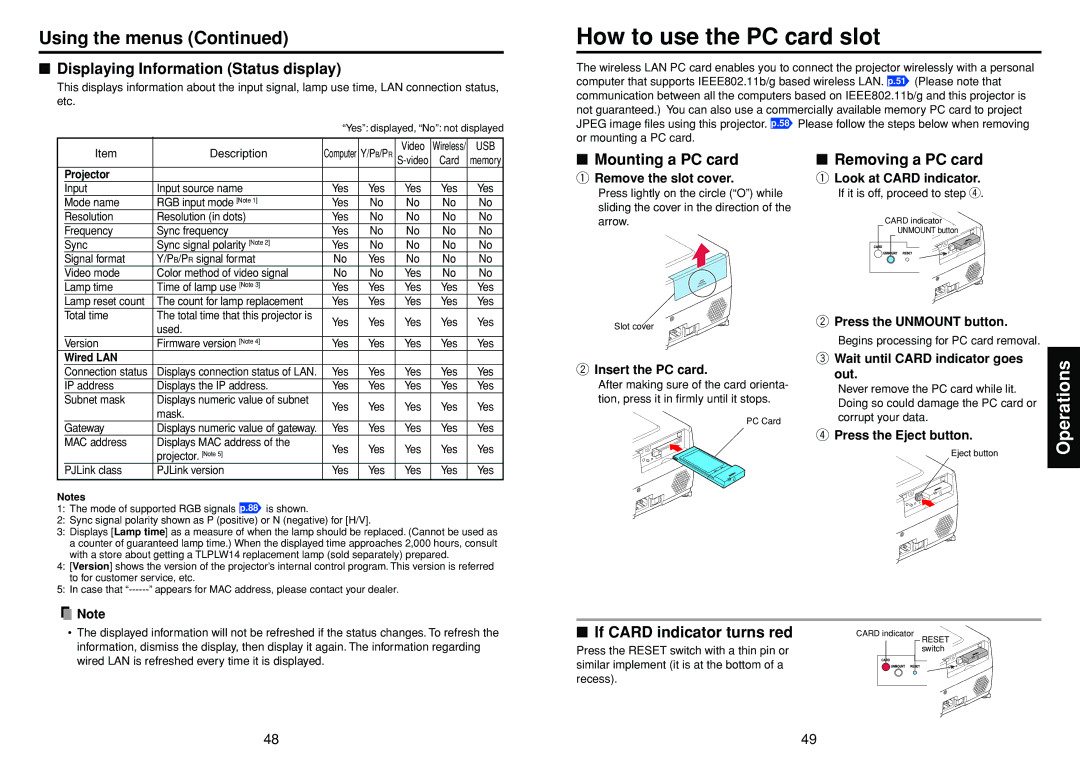 Toshiba TDP-TW355 owner manual How to use the PC card slot, Displaying Information Status display, Mounting a PC card 