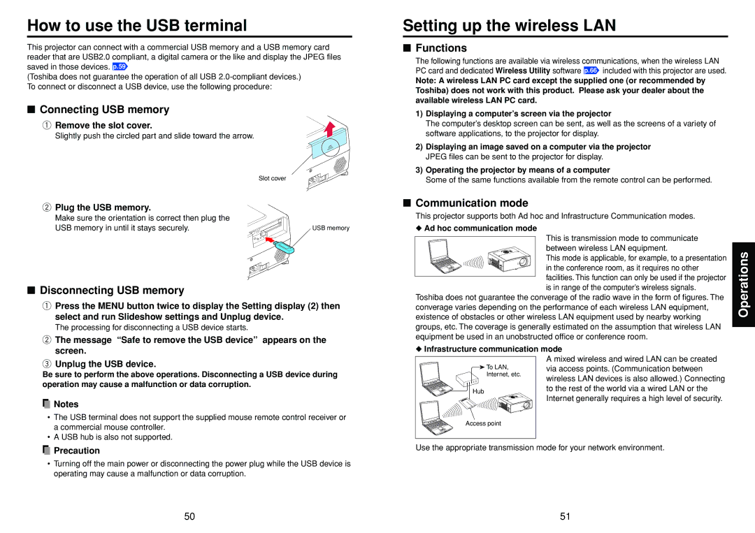 Toshiba TDP-TW355 owner manual How to use the USB terminal, Setting up the wireless LAN 