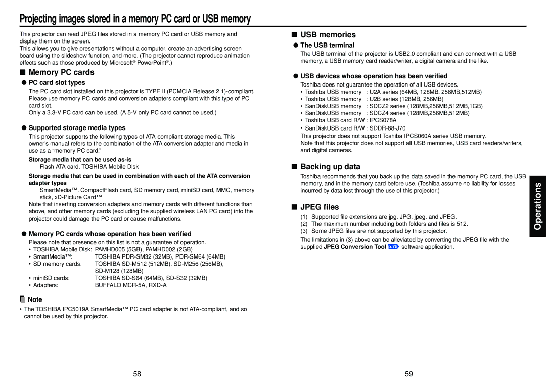 Toshiba TDP-TW355 owner manual Memory PC cards, USB memories, Backing up data, Jpeg files 