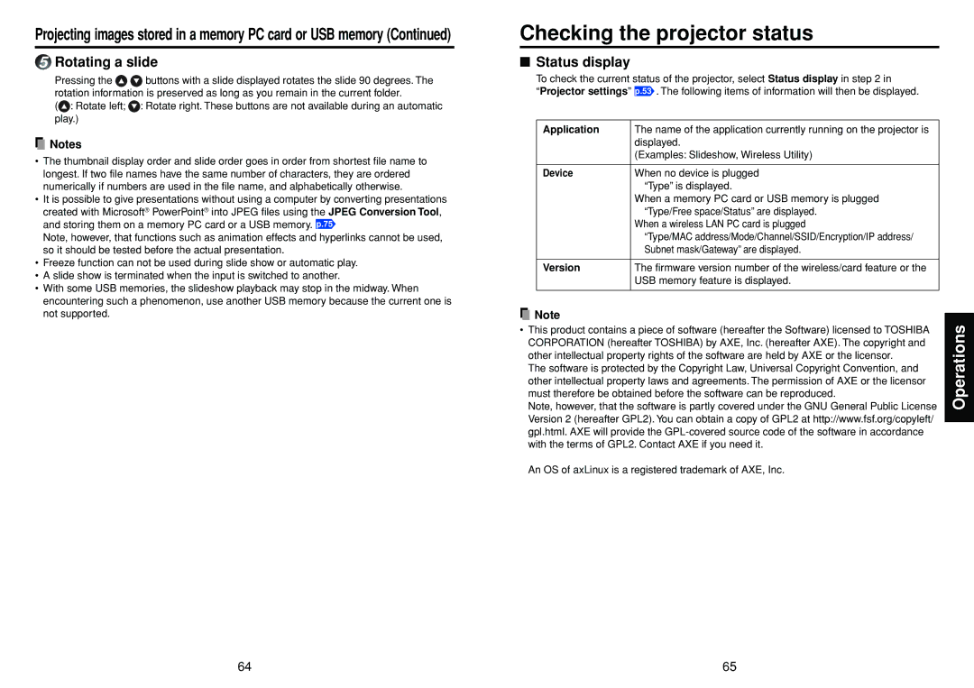 Toshiba TDP-TW355 owner manual Checking the projector status, Rotating a slide, Status display, Application, Version 