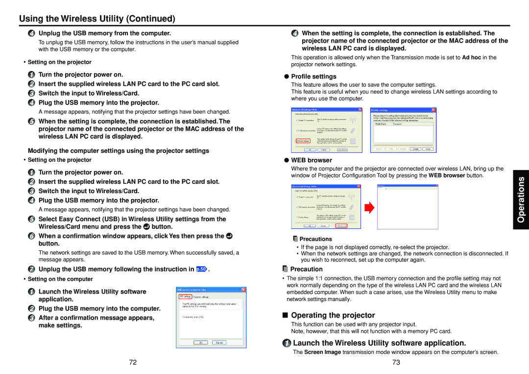 Toshiba TDP-TW355 Operating the projector, Unplug the USB memory from the computer, Profile settings, WEB browser 