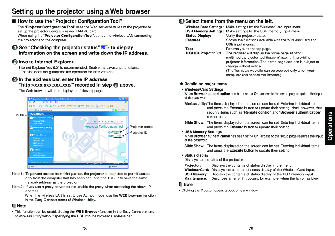 Toshiba TDP-TW355 owner manual How to use the Projector Configuration Tool, Select items from the menu on the left 