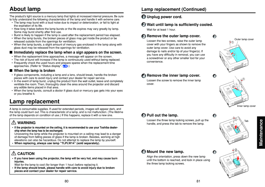 Toshiba TDP-TW355 owner manual About lamp, Lamp replacement, Unplug power cord Wait until lamp is sufficiently cooled 