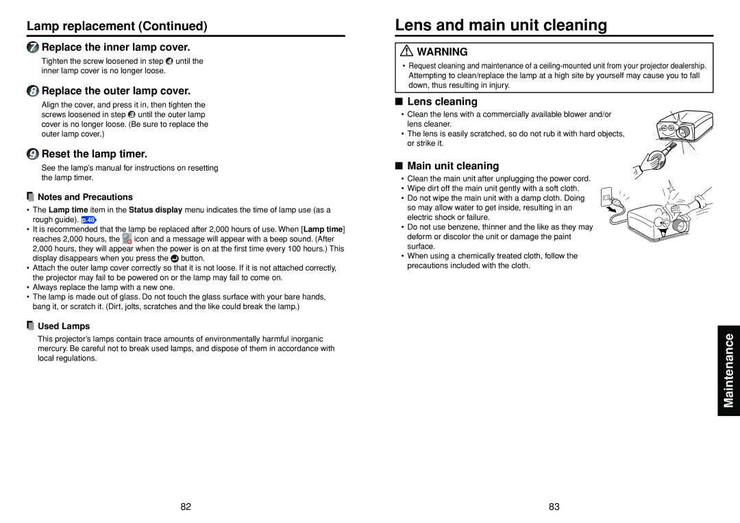 Toshiba TDP-TW355 owner manual Lens and main unit cleaning 