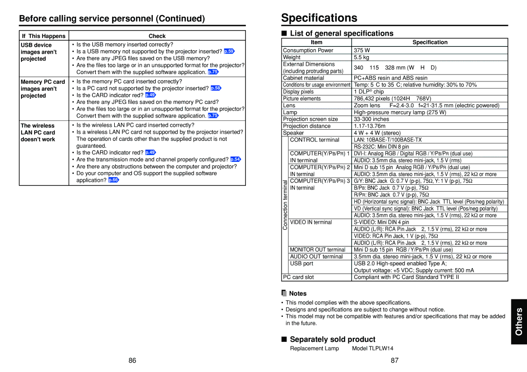 Toshiba TDP-TW355 owner manual Specifications, Before calling service personnel, List of general specifications 