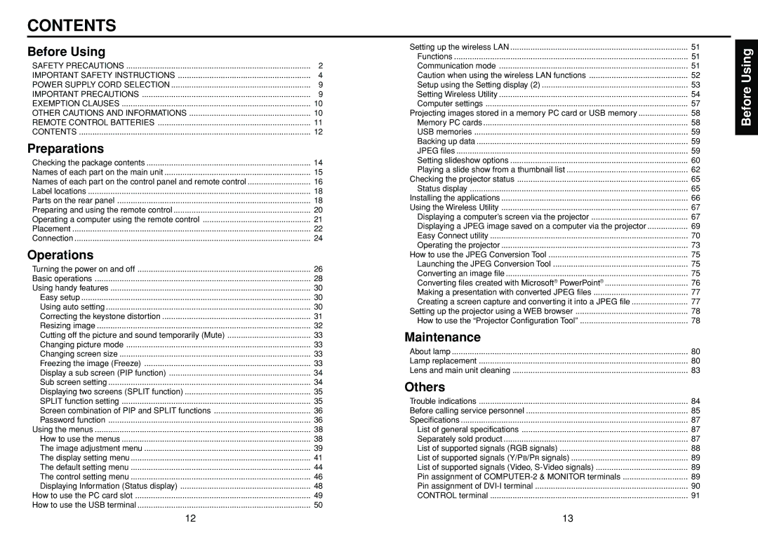 Toshiba TDP-TW355 owner manual Contents 