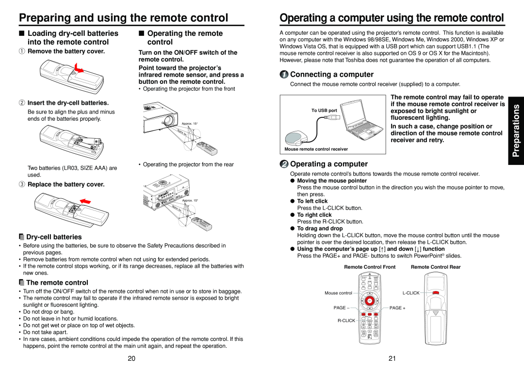 Toshiba TDP-TW355 Preparing and using the remote control, Loading dry-cell batteries into the remote control, Preparations 
