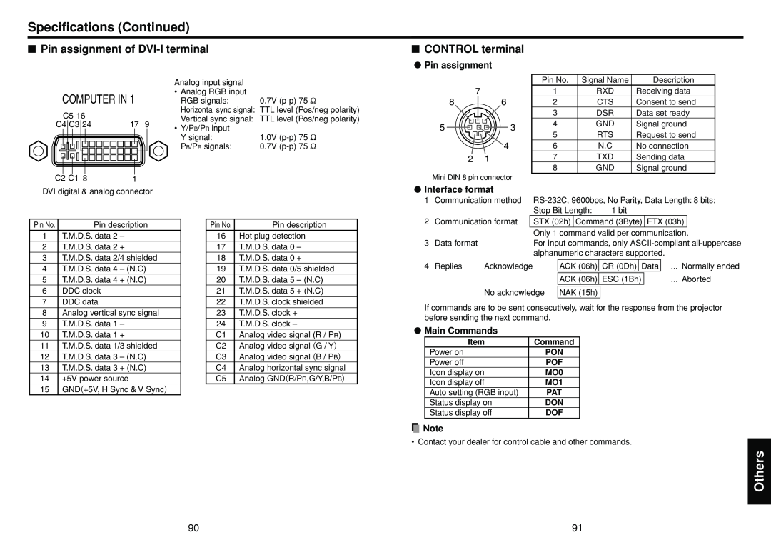 Toshiba TDP-TW355 Pin assignment of DVI-I terminal, CONTROL terminal, Specifications Continued, Others, Command, Power on 
