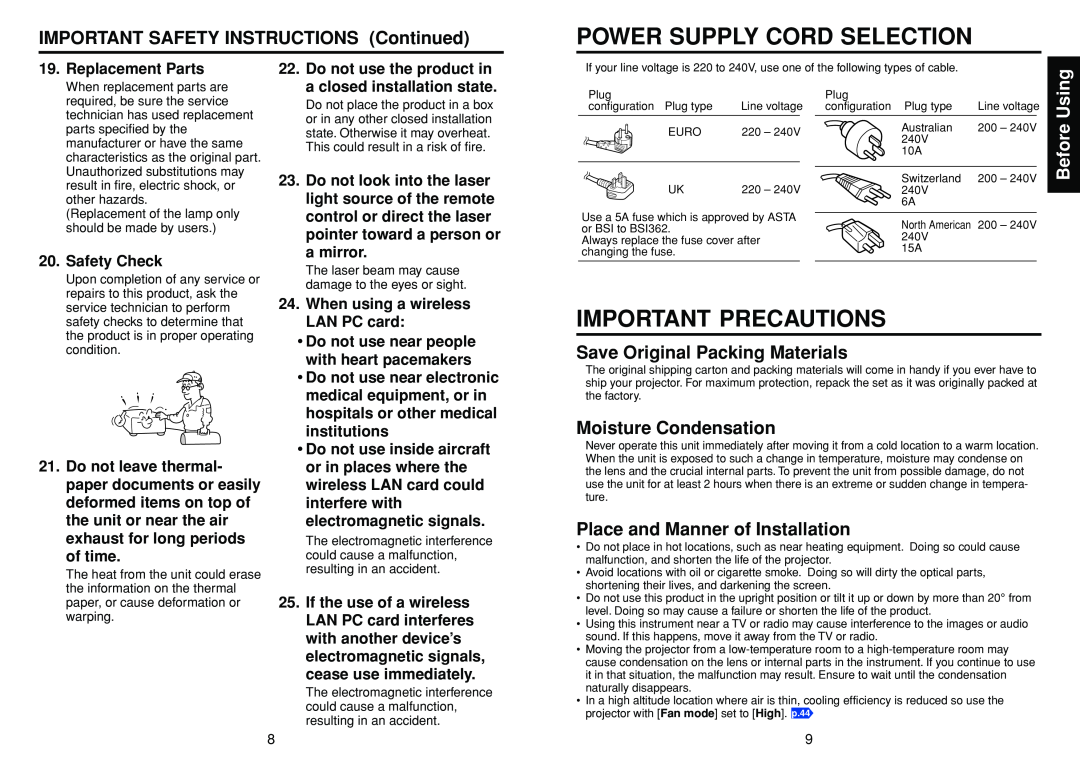 Toshiba TDP-TW355 Power Supply Cord Selection, Important Precautions, Save Original Packing Materials, Replacement Parts 