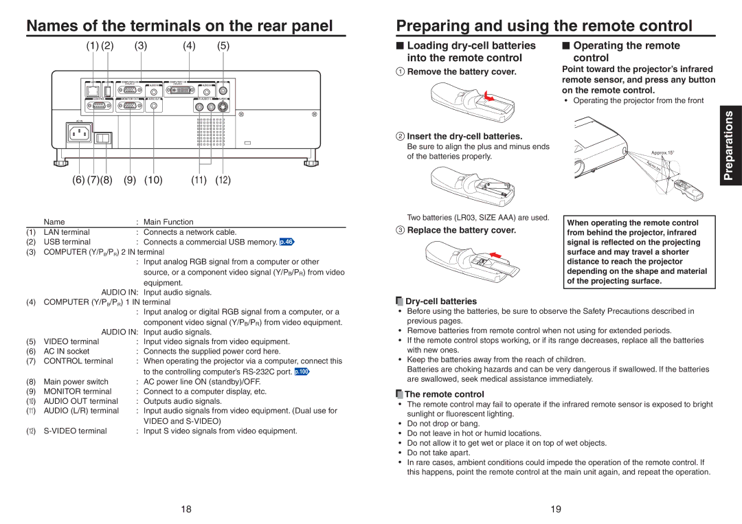 Toshiba TDP-TW420 owner manual Loading dry-cell batteries into the remote control, Operating the remote Control 