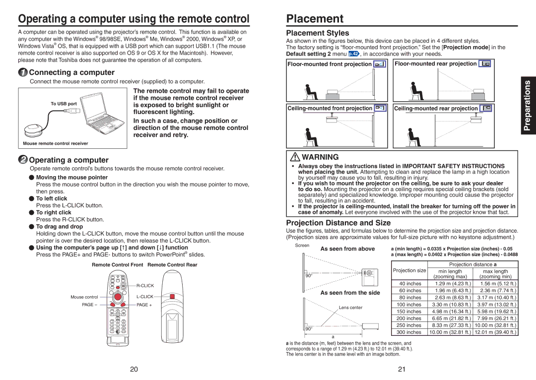 Toshiba TDP-TW420 owner manual Operating a computer using the remote control, Placement 