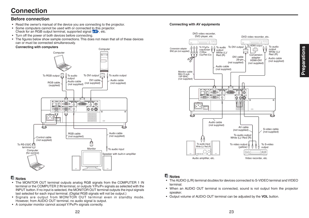 Toshiba TDP-TW420 owner manual Connection, Before connection, Connecting with computers, Connecting with AV equipments 