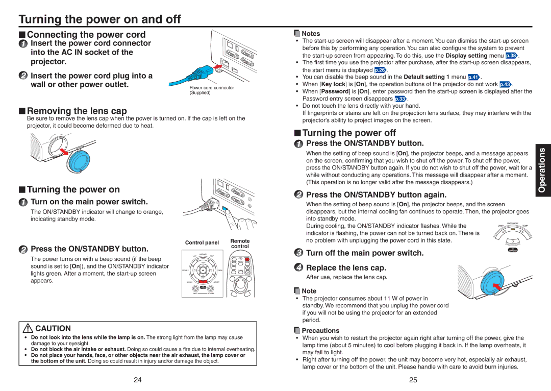 Toshiba TDP-TW420 Turning the power on and off, NConnecting the power cord, NRemoving the lens cap, NTurning the power on 