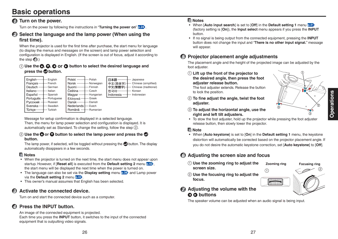 Toshiba TDP-TW420 owner manual Basic operations, Turn on the power, Projector placement angle adjustments 