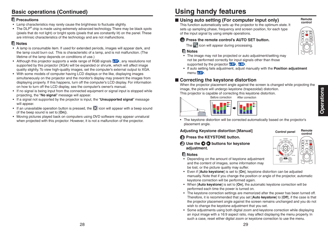 Toshiba TDP-TW420 owner manual Using handy features, Basic operations, Using auto setting For computer input only 