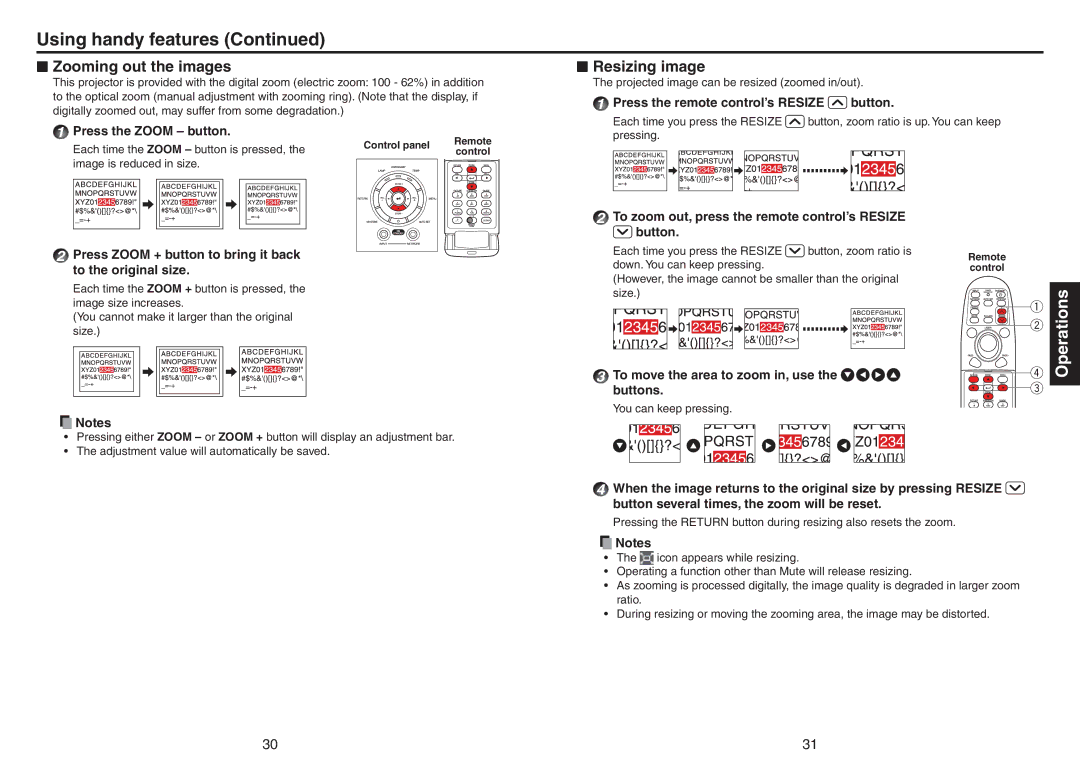 Toshiba TDP-TW420 owner manual Using handy features, Zooming out the images, Resizing image 