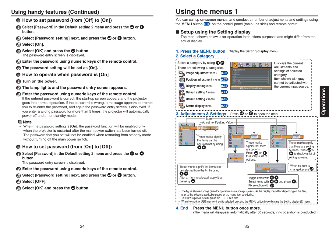 Toshiba TDP-TW420 owner manual Using the menus, How to set password from Off to On, Setup using the Setting display 