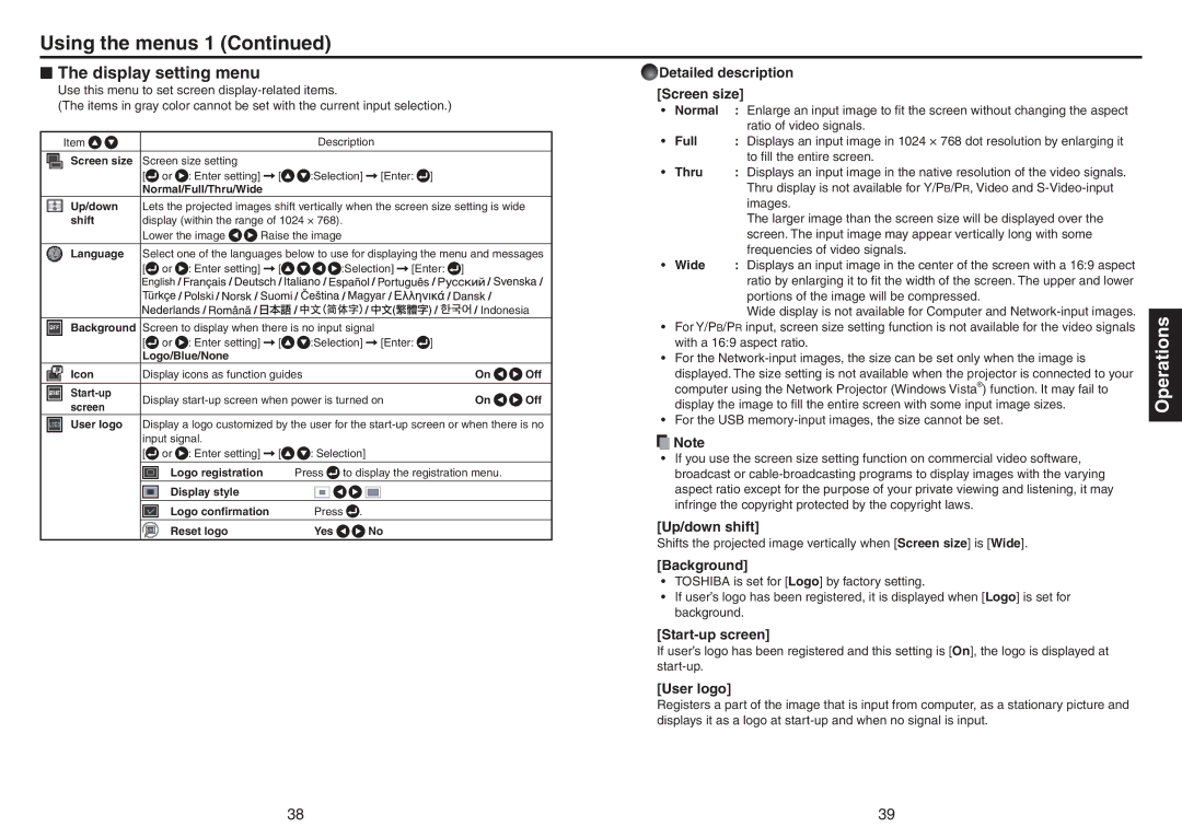 Toshiba TDP-TW420 owner manual Display setting menu 