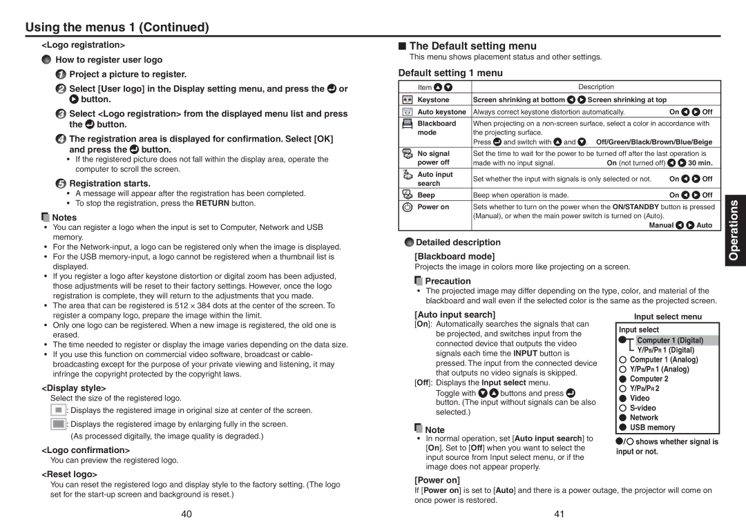 Toshiba TDP-TW420 owner manual Default setting menu, Default setting 1 menu 