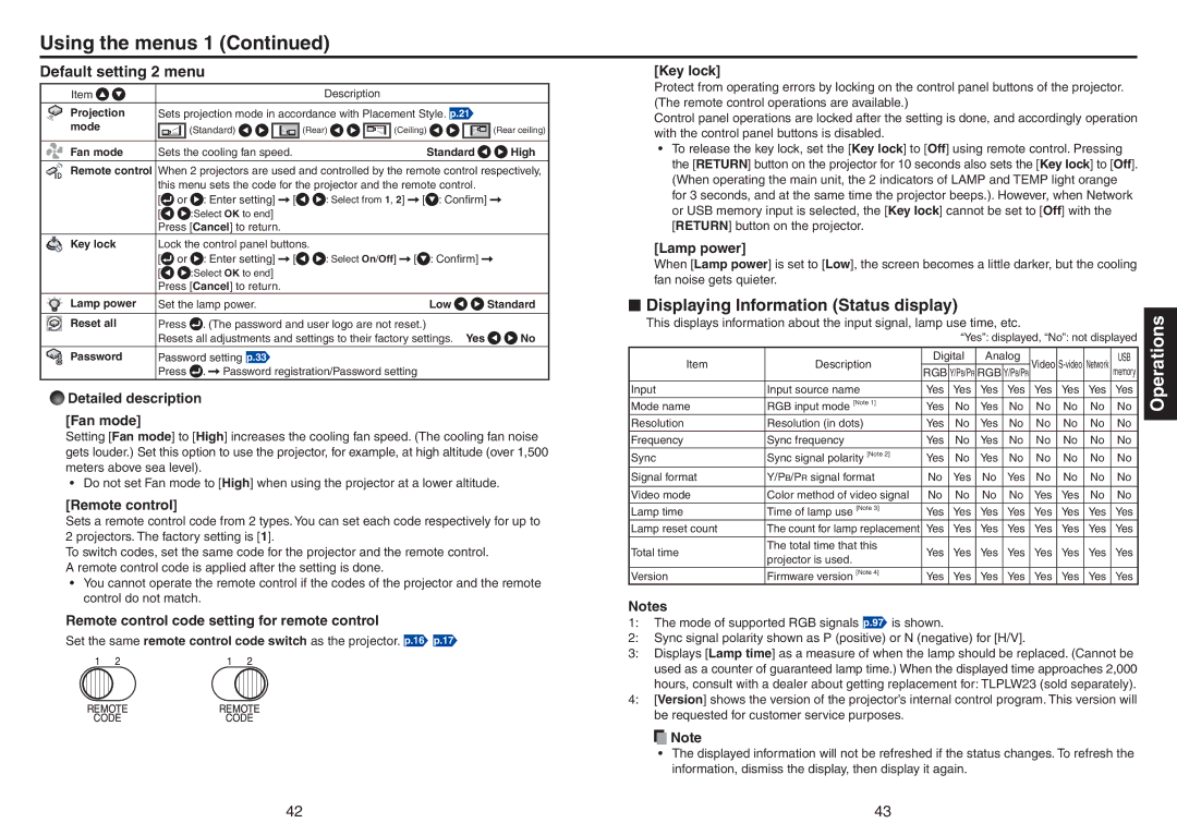 Toshiba TDP-TW420 owner manual Displaying Information Status display, Default setting 2 menu 