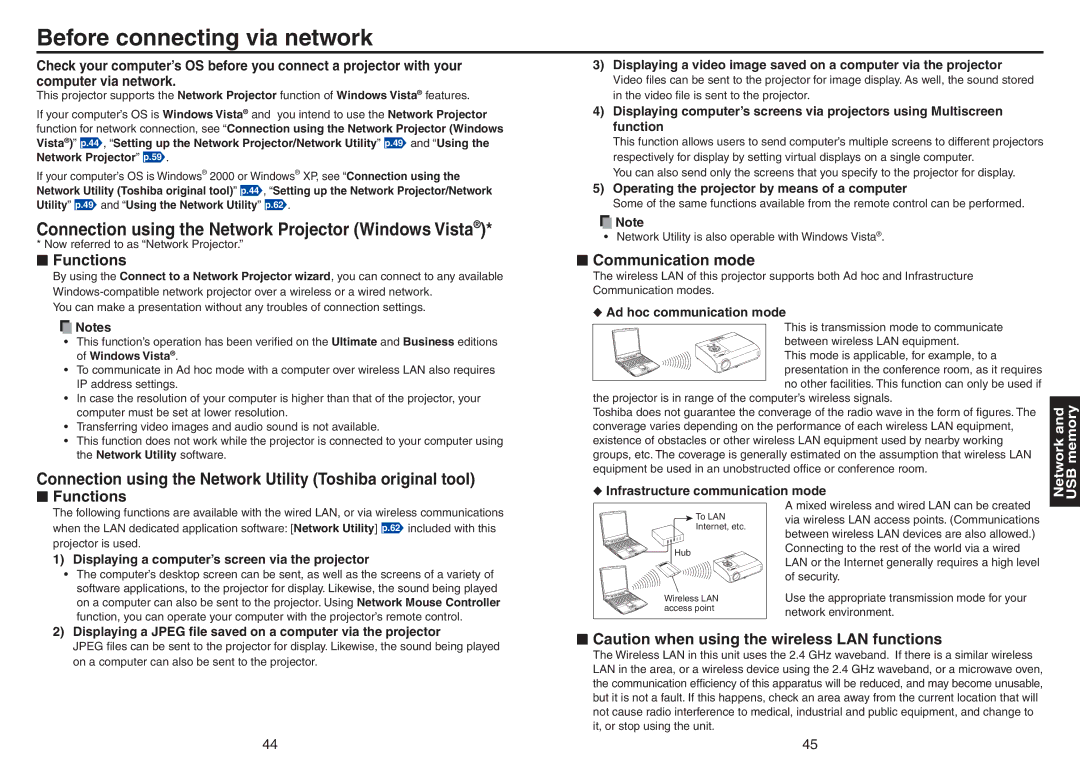 Toshiba TDP-TW420 Before connecting via network, Connection using the Network Projector Windows Vista, Functions 