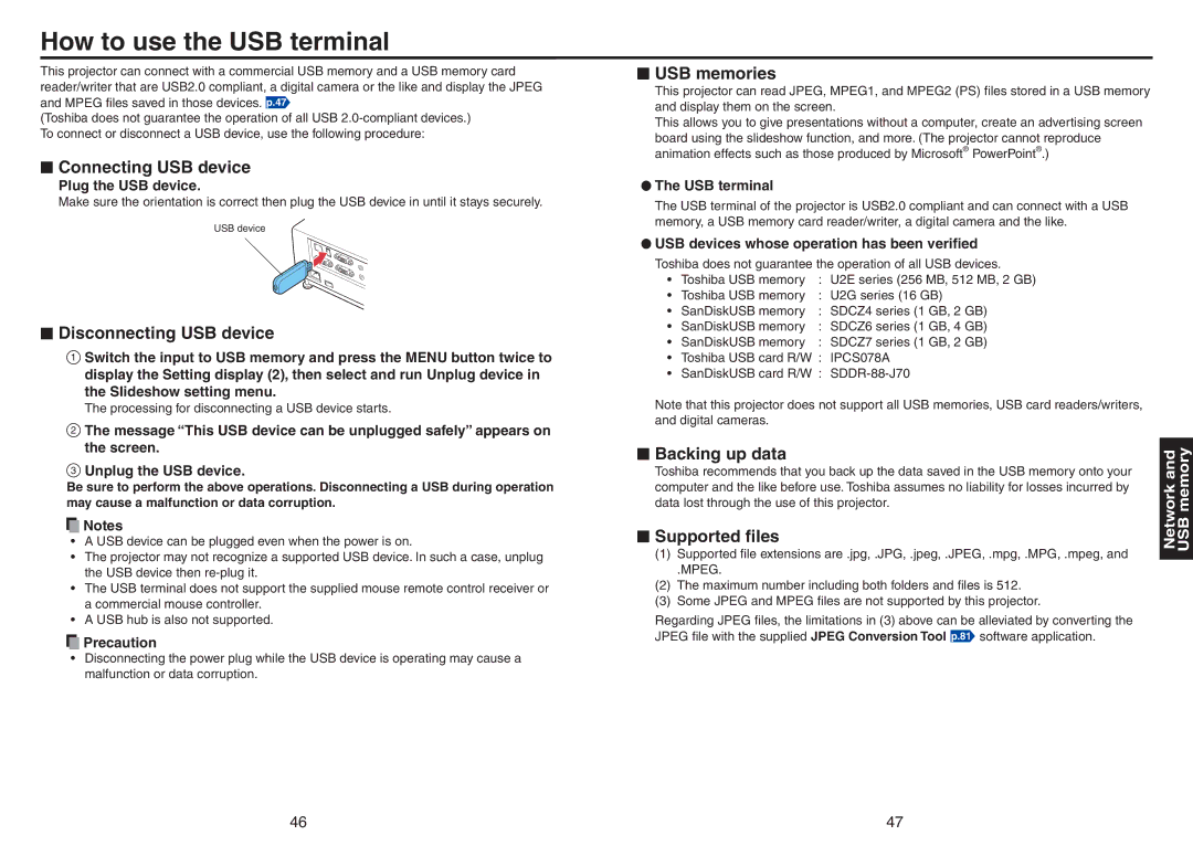 Toshiba TDP-TW420 owner manual How to use the USB terminal 