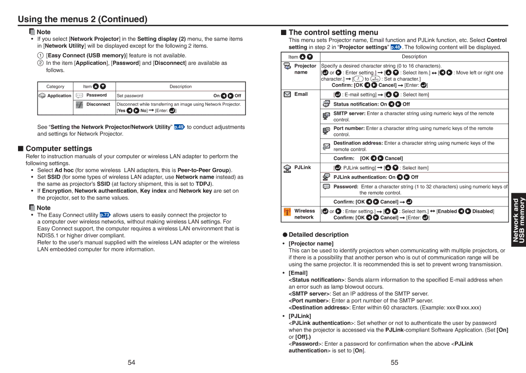 Toshiba TDP-TW420 owner manual Computer settings, Control setting menu, Detailed description, Projector name, PJLink 