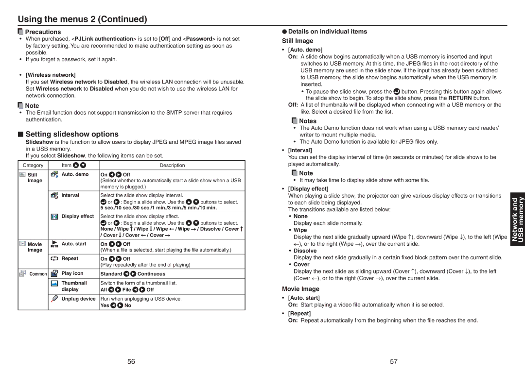 Toshiba TDP-TW420 owner manual Setting slideshow options, Details on individual items Still Image, Movie Image 