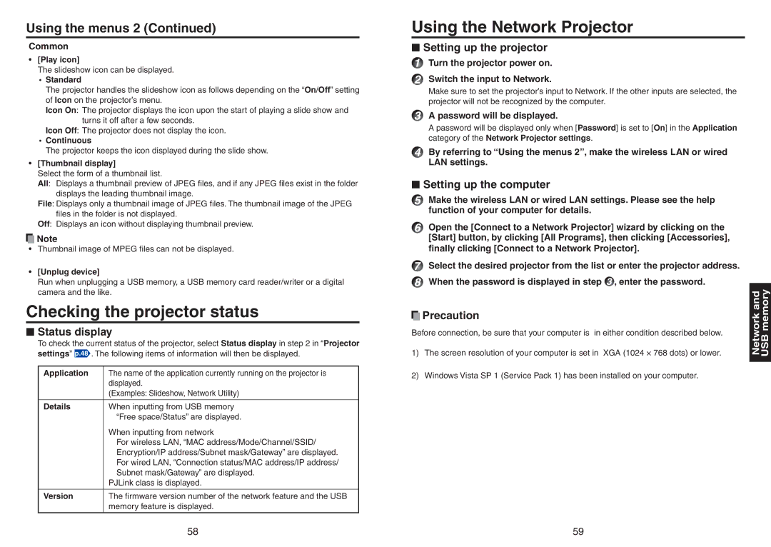 Toshiba TDP-TW420 owner manual Checking the projector status, Using the Network Projector 