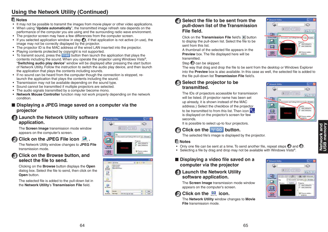 Toshiba TDP-TW420 owner manual Using the Network Utility, Click on the Jpeg File icon, Click on the icon 