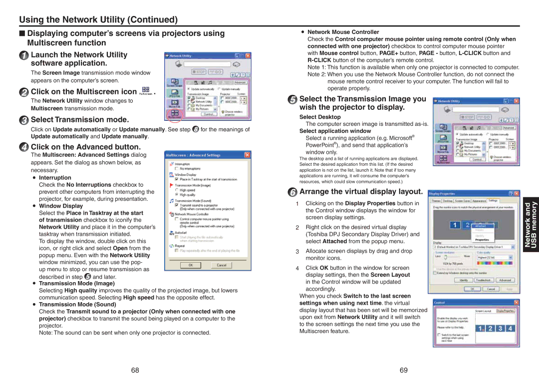 Toshiba TDP-TW420 owner manual Click on the Multiscreen icon, Arrange the virtual display layout, Transmission Mode Image 