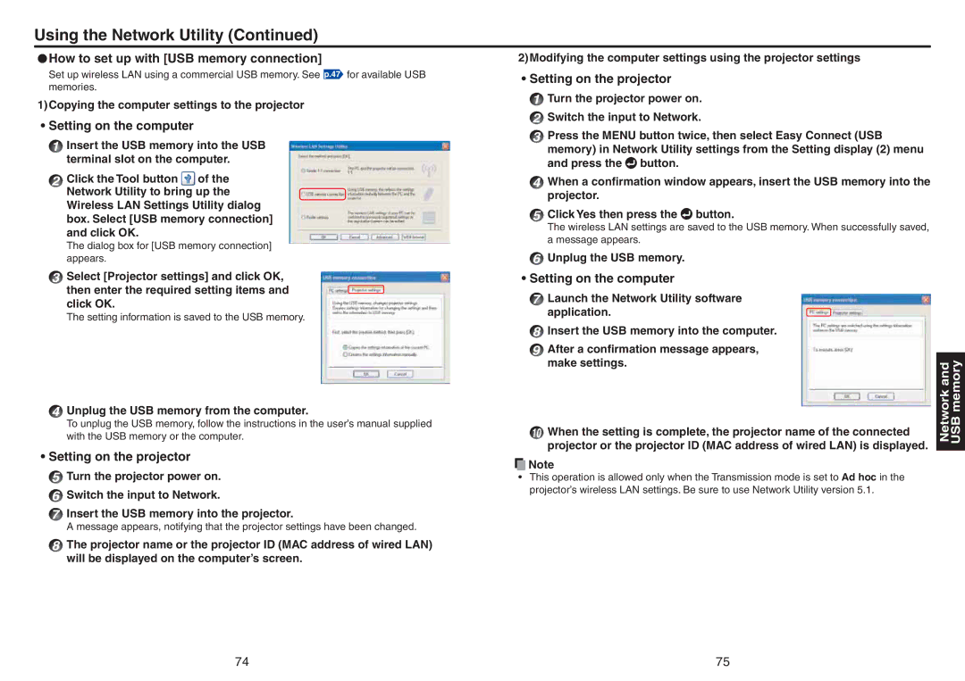 Toshiba TDP-TW420 owner manual How to set up with USB memory connection, Copying the computer settings to the projector 